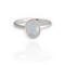 Sterling silver ring with oval faceted moonstone set in a bezel setting with simple silver ring band. 